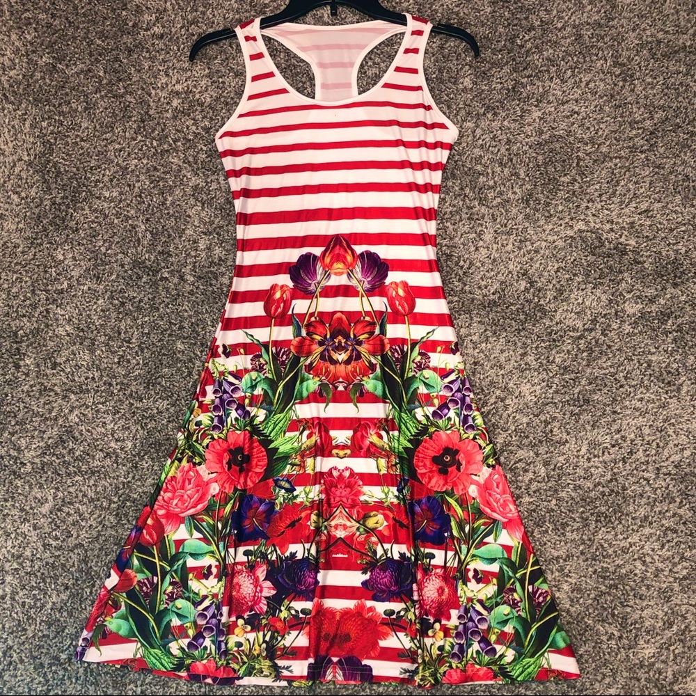 👗 Docefit Cute Red Striped Floral Racerback Dress